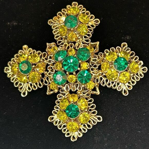 No Brand Jewelry - Vintage Cross Brooch Womens Green & Gold-tone Floral Maltese Filigree Rhinestone